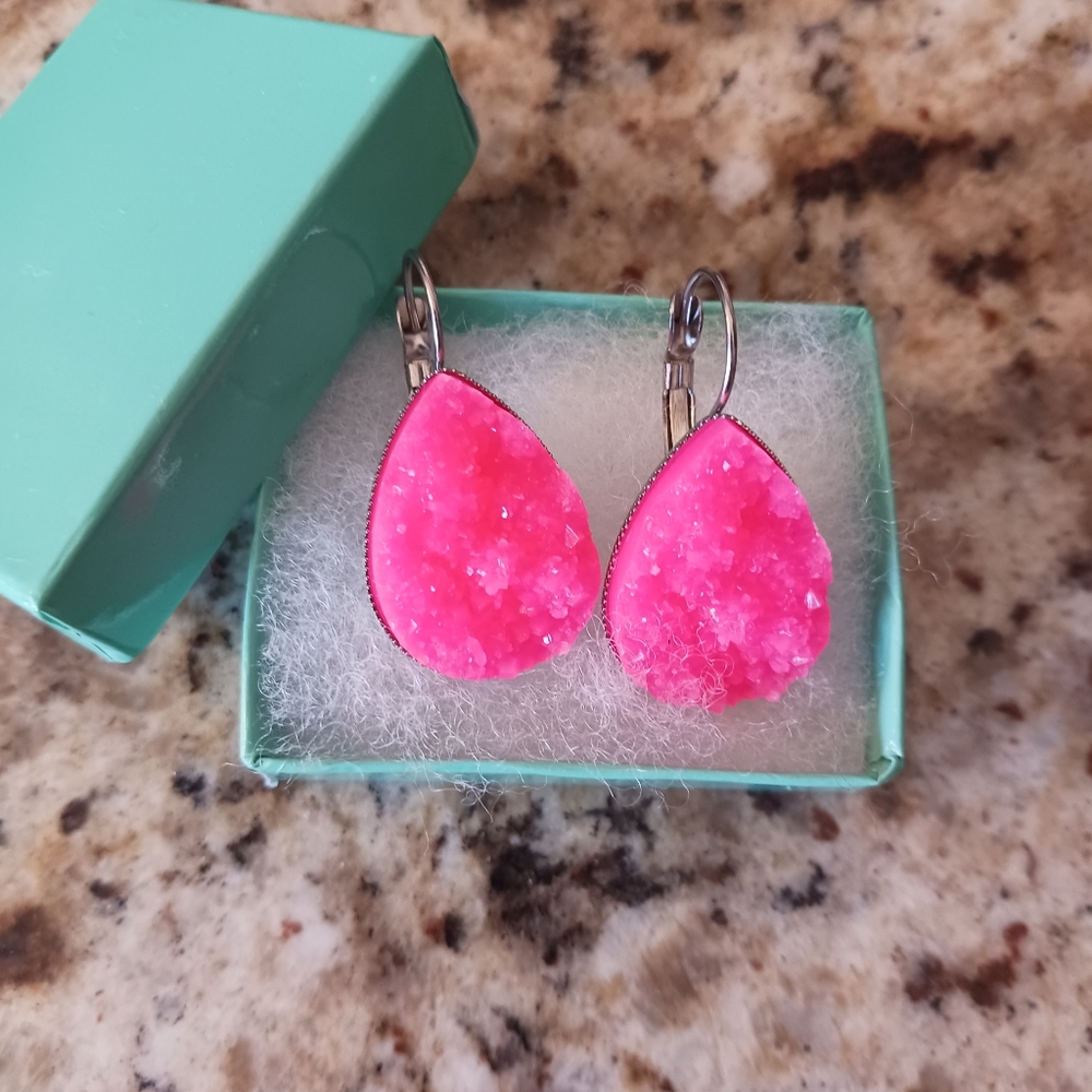 Neon Pink Teardrop Druzy Earrings